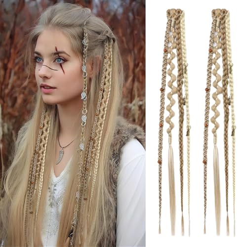 REECHO Clip in Braid Hair Extensions for Women, 16" Boho Dreadlock Clip in Braids with Beads & Charms, 2PCS Synthetic Braided Hairpieces for Cosplay Daily, Medium Blonde with Light Blonde - color: Medium Blonde with Light Blonde, size: 16 Inch
