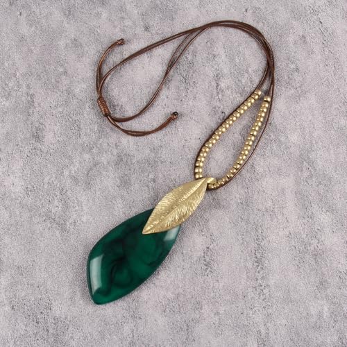 GelConnie Long Necklaces for Women Boho Large Pendant Necklace Casual Bohemian Brown Leather Choker Sweater Circle Statement Stone Necklace - style: Green Leave Gold Necklace