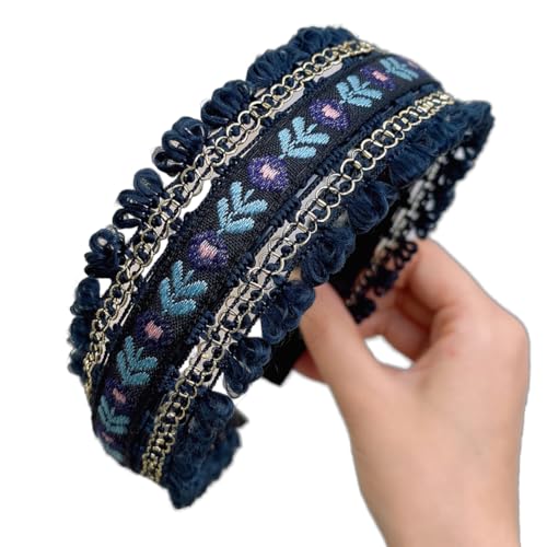 Bohemian Headband for Women-Floral Embroidered Headwrap with Lace Trim Vintage Cute Hair Band for Daily Boho Chic Style (4-Navy Blue, One Size) - color: 4-Navy Blue