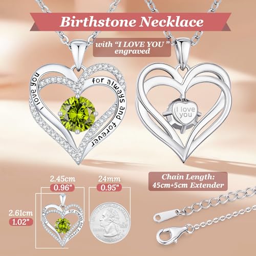 CDE Engraved Forever Love Heart Birthstone Necklace Jewelry Gifts for Women | Hypoallergenic,Nickel-Free & Lead-Free,3 x 3 mm 5A CZ Heart Pendant,Anniversary Christmas Birthday Gift for Girlfriend Wife - color: Birthstone-08-Aug, style: Rhodium Plated-Bra