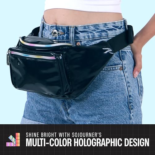 Black Holographic Fanny Pack Belt bag - Crossbody Waist Bag for Men or Women - Hands-Free, Waterproof Large Bumbag for Hiking, Running, and Travel - color: Glitter - Black