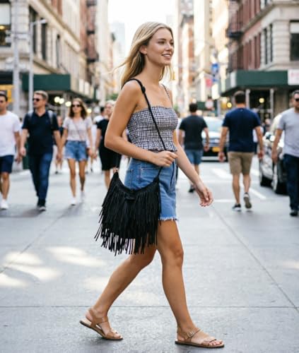 Tassel Shoulder Bag, Vintage Stylish Women PU Leather Bohemian Fringed, Vintage Hobo Crossbody Bag,Fringe Handbag - color: Black Red-6