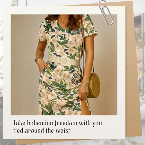 Straw Woven Elastic Belt for Women, Boho Braided Raffia Waist Belt, Stretch Rattan Belt for Summer Dresses - color: D Ring Buckle-beige, size: S: Fit waist size up to 29"