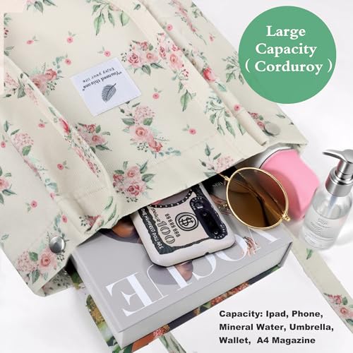 Corduroy Tote Bag for Women Small Canvas Shoulder Purse Cord Handy Bag with Inner Pocket | with Front Pocket - color: 03 Floral-2