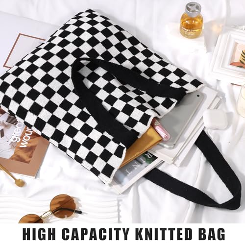 Ayieyill Crochet Tote Bag For Women, Crochet Mesh Beach Tote Bag Summer Vacation Aesthetic Boho Knit Bag for Women - color: N/Black Check
