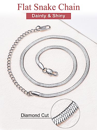 FOCALOOK 14K Gold Plated Necklaces for Women, Fashion Herringbone Choker Necklace Stainless Steel Flat Snake Chain 3/5MM(W) 12.5"/15"/18"+3.5"(L) - color: 3MM-Silver-15"