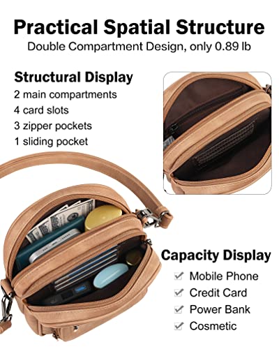 FADEON Small Purses for Women Crossbody Bags, Designer PU Leather Mini Cross Body Purse Travel Shoulder Bag Card Slots - color: Camel Brown Retro Style