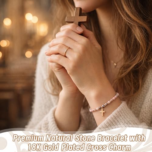 Kingdder 12 Set Christian Cross Bracelets for Women Bulk Adjustable Natural Stone Cross Beads Faith Bracelet Gifts for First Communion Confirmation Birthday Church Groups Gifts - style: Cord