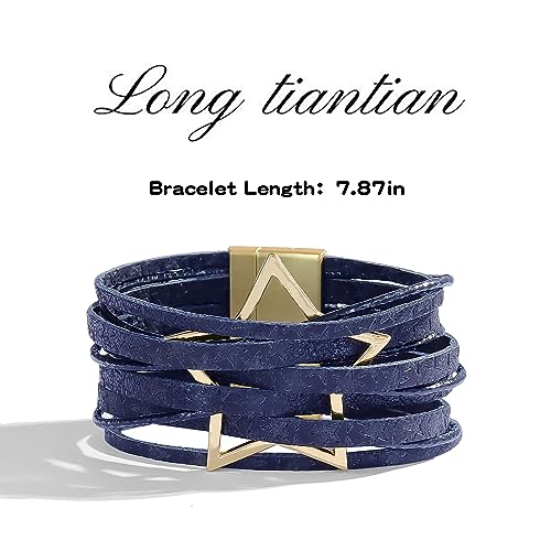 Long tiantian Leather Bracelets for Women Men Heart Wrap Bracelets Western Jewelry Cowgirl Outfits Birthday Gifts for Her - color: C5:blue leather bracelet