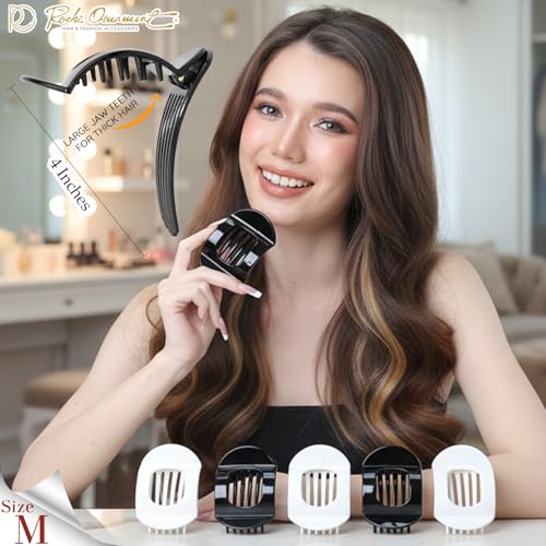 RC ROCHE 6 Pcs Flat Claw Hair Clips for Women Thick Hair French Round Duckbill Square Secure Strong Hold Grip Clamps Barrettes Curved No Slip No Crease Plastic Styling Cute, Medium Black & White - color: (Medium) Black & White