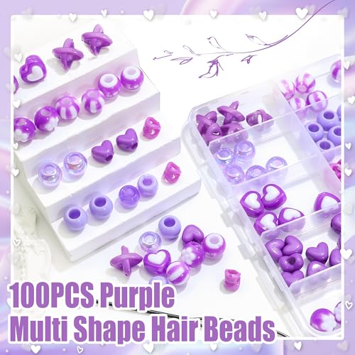 NAISKA 100PCS Purple Dreadlock Bead 10 Styles Kids Braids Beads Heart Loc Jewelry Cute Clip Beads for Hair Braids Kids Hair Accesssories for Girls - color: Purple