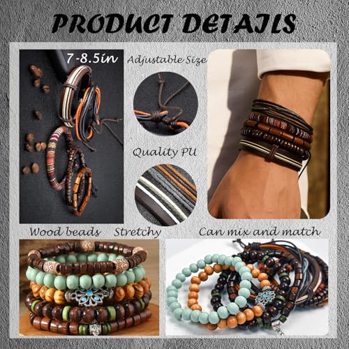 Punk Braided Leather Bracelets for Men Women Gothic Wood Beaded Tribal Wrap Wristband Grunge Emo Multilayer Adjustable Mens Bracelet in Black Brown Fathers Day Gift - color: Brown Feather