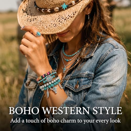 Long tiantian Western Turquoise Beaded Bracelet Set for Women Stackable Cowgirl Bracelets Boho Concho Jewelry Country Concert Rodeo Outfit Accessories Gifts - color: A1:turquoise bracelet for women