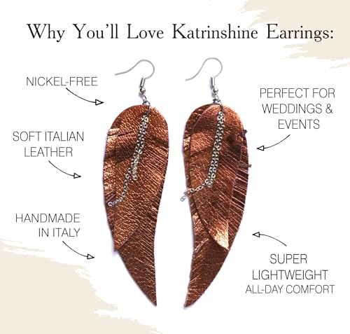 Black shiny Leather Feather Earrings for Women, Lightweight Minimal Boho Dangle Earrings, Small Simple Everyday Jewelry - color: Brown metallic