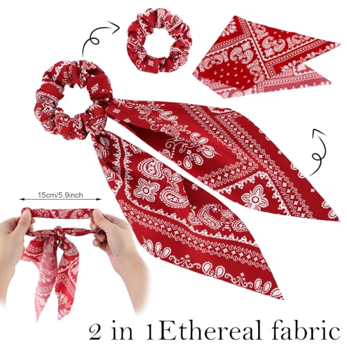 Chuangdi 10 Pcs Hair Scrunchies Hair Scarf with Ribbon Bunny Ears Chiffon Floral Bow Ponytail Holder Boho Elastic Floral Ropes 2 in 1 Vintage Accessories for Women(Paisley) - style: Paisley