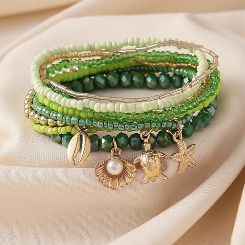 Caiyao Bohemian Multilayer Stackable Seed Beaded Bracelets Colorful Crystal Glass Beads Strand Bangle Bracelet BFF Wristbands Bracelet for Women Summer Beach Hawaii Jewelry Birthday Gifts - color: Green-starfish