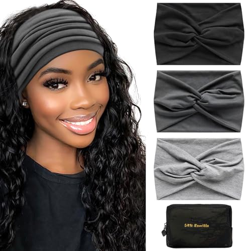 S&N Remille Wide Headbands for Women, Large Hairband, Elastic Non-Slip Headband Twist Knotted Accessories, Yoga Workout Vintage Hair 3 Pack (Colour-9) - color: Colour-9