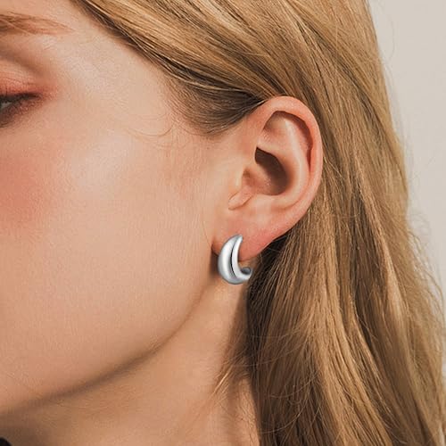 HILXURY Gold Chunky Hoop Earrings Set for Women, 14K Gold Plated Twisted Huggie Hoop Earring Hypoallergenic, Thick Open Hoops Set Lightweight - color: 3 silver hoops chunky