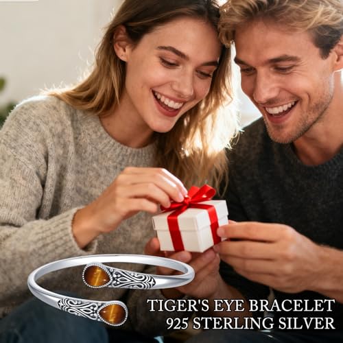 925 Sterling Silver Genuine Gemstone Bracelet for Women Men Handmade Adjustable Boho Navajo Style Bangle Cuff Natural Stone Jewelry Gift - color: Tiger Eye
