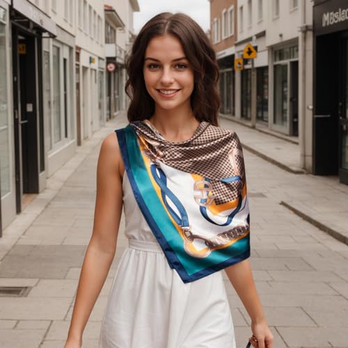 RIIQIICHY Head Scarf for Women Like Silk Scarf Hair Scarf Printed Square Scarf Bandanas for Women 35 Inches - color: Navy/Turquoise/Tan