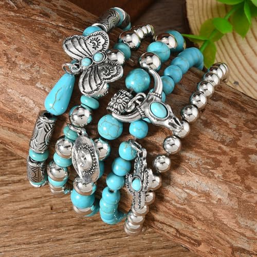 Western Turquoise Beaded Bracelet Stack - Vintage Cowgirl Stretch Set with Bull Skull, Feather & Boot Charms, Handmade Boho Jewelry for Rodeo, Country Concerts & Casual Western Outfits - style: Set