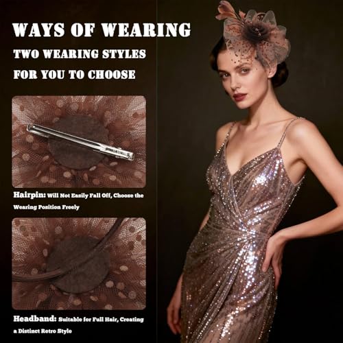 DRESHOW Fascinators Hat Flower Mesh Ribbons Feathers on a Headband and a Clip Tea Party Headwear for Girls and Women - color: 7" Diameter / Brown