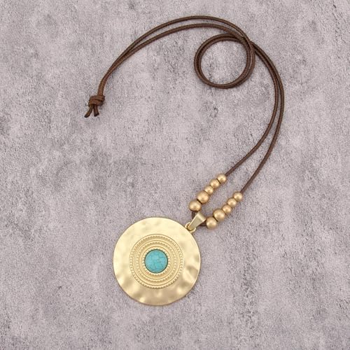 GelConnie Leather Necklaces Turquoise Long Boho Necklaces for Women Brown Chunky Circle Pendant Chocker Necklace Gold Sweater Necklace - style: Brown Leather Turquoise Necklace