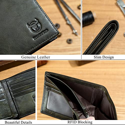 BULLCAPTAIN RFID Wallets for Men,Genuine Leather Wallet QB-05（Forest Green | Slim,Bifold,Front Pocket Wallet, 2 ID Windows,11 Card Slots,RFID Blocking TechnologyGift Choice - color: Forest Green