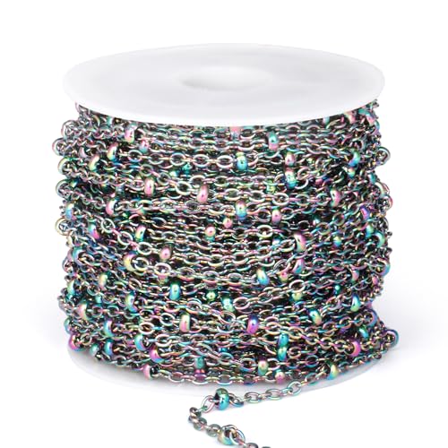 33 Feet Multicolor Stainless Steel Satellite Chain Roll, 2mm 304 Stainless Steel Colorful Ball Beaded Cable Link Chains Spool Bulk for Jewelry Making DIY Craft - color: Colorful Small Beads Satellite Cable Chain