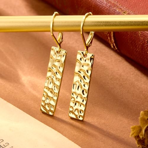ALEXCRAFT Hammered Silver Dangle Earrings for Women, 14K Gold Plated French Leverback Earrings, Hypoallergenic Lightweight Statement Hammer Square Bar Long Drop Earing for Women Trendy Jewelry Gifts - color: GoldC