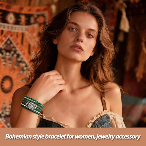 Long tiantian Leather Wrap Bracelets Boho Bracelets for Women Rhinestone Leather Bangles Boho Western Outfit Accessories Jewelry Gifts - color: green