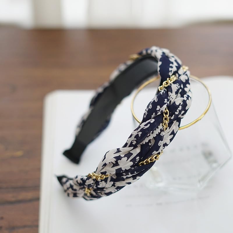 Braided Headband for Women-Vintage Fabric High Crown Headband with Non-Slip Teeth, Cute Boho Knotted Hair Band for Women & Teens (17-Blue&White, One Size) - color: 17-Blue&White
