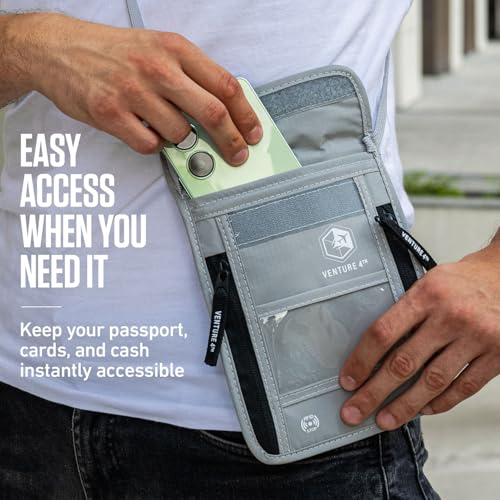 VENTURE 4TH Neck Wallet – RFID Blocking Passport Holder for Travel, Hidden Passport Wallet, Concealed Travel Wallet for Women, Men & Family (Gray) - color: Gray