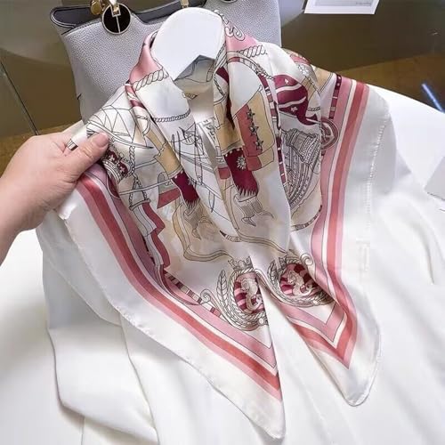 CHUNG Women's Scarf Hair Bandanas Square 27.5" Satin Wrap Fashion Pattern Scarves Emulation Silk Handbag Ribbons Necktie - color: Pink Sailboat