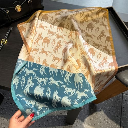 MEISEE 100% Pure Mulberry Silk Scarf 21" Square Scarf Neckerchief Headscarf Breathable Lightweight for Women Gift Packed - color: Khaki + Blue Horse