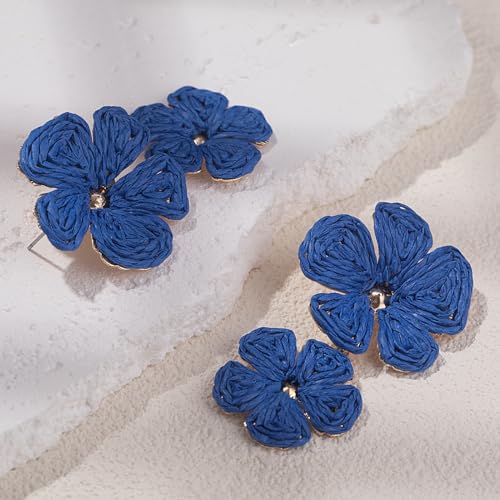 Boho Flower Earrings Statement Raffia Dangle Earrings Cute Floral Jewelry Trendy Summer Beach Vacation Outfits for Women - color: Royal Blue