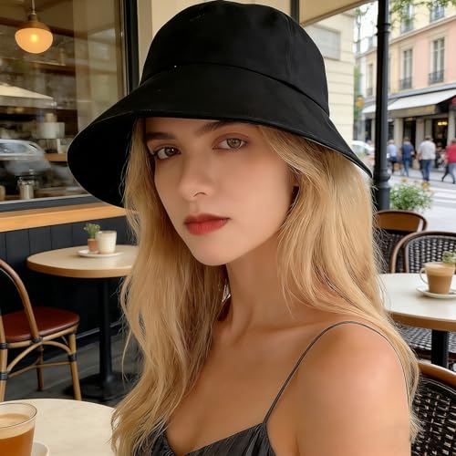 Women Wide Brim Sun Hat Adjustable Packable Beach UV Protection Gardening Hats - color: Black-02