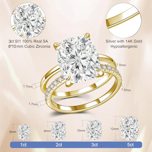 AVECON 3CT/5CT Elongated Cushion Cut Engagement Ring Set for Women, Wedding Promise Cubic Zirconia Band, 14K Gold/White Gold Plated Stackable Adjustable Bridal Half Eternity Open Rings, Size 5-9 - color: Gold-3CT