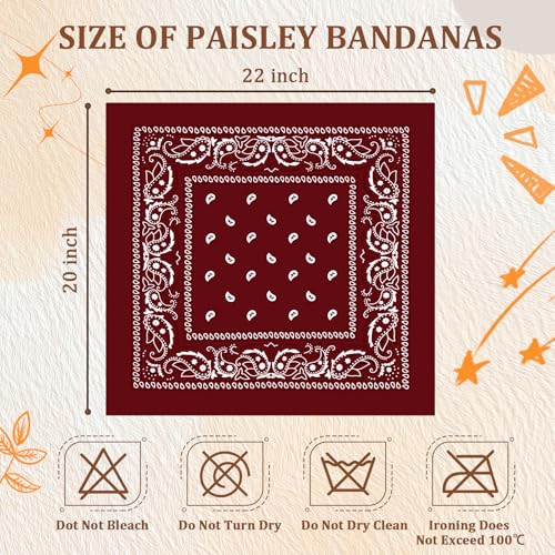 50 Pcs Bandanas Bulk Large Bandana Headband Paisley Cowboy Bandana Scarf Handkerchief for Women Men - color: Burgundy