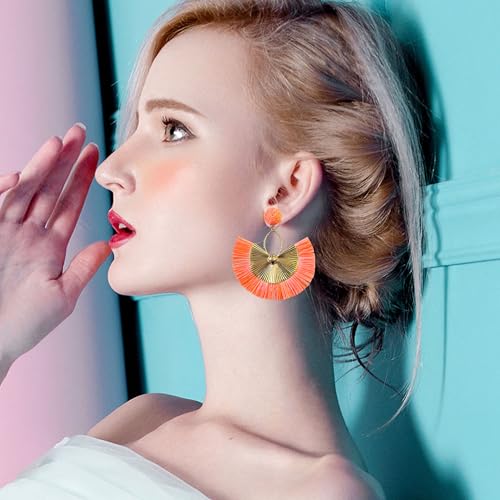 Anmpab Straw Fan Bohemian Tassel Earrings for Women Trendy Colorful Fringe Summer Beach Statement Earrings - color: Orange