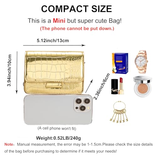 Small Crossbody Purse Bag for Women，Y2K Cute Metallic Croc-Embossed Handbag with Chain Strap - color: Mini Gold