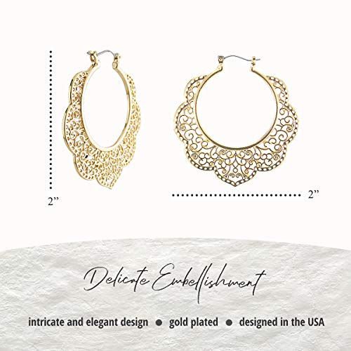 Bohemian Boho Filigree Hoop Earrings for Women – Intricate & Delicate Cutout Design Details – Tribal Floral Gypsy Lightweight Geometric Metallic Statement Earrings - style: Outer Floral - Gold