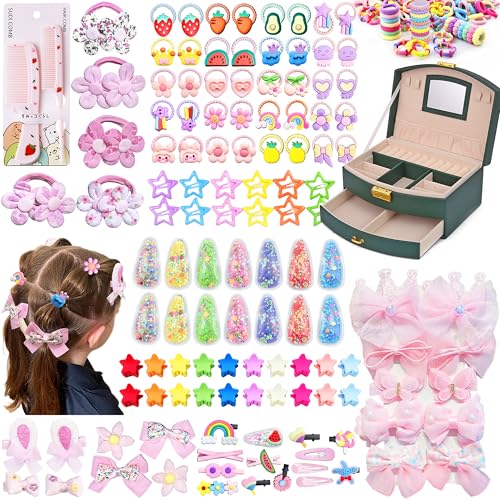 252 Pcs Hair Accessories for Girls Jewlry Box, Back to School Hair Accessory Gift Hair Stuff Storage including Hair Clip,Hair Barrettes,Hair Ties,Hair Bows for Little One Teen Age 3-12 (DARK GREEN) - color: DARK GREEN
