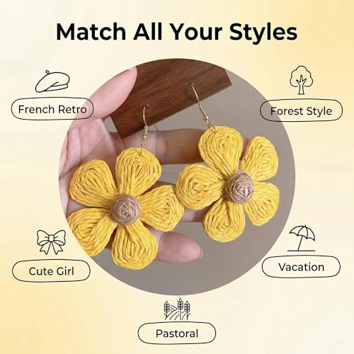 Woven Raffia Rattan Earrings for Women, Boho Flower Hoop & Drop Dangle Earrings Collection, Handmade Summer Beach Vacation Statement Earrings for Party Daily Wear - color: Yellow Flower Drop