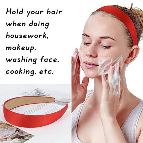 Wecoe 10 Pack Red Headband Women 1 Inch Wide Satin Headbands Non Slip Fashion Plain Head Bands Solid Hair Bands DIY Hair Accessories for Women Girls Diademas Para Mujer - color: Red