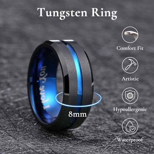 King Will Mens Tungsten Rings for Men Two Tone Grooved Mens Wedding Band Cool - color: Black & Blue 8mm, I Love You