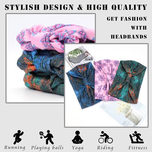 FULZTEY Boho Headbands for Women Fashion Floral Print Hairbands Knotted Wide Head Band Large African Headwraps Elastic Non Slip Yoga Workout Bandana Cotton Thick Turban Hair Accessories 3Pcs - color: Style 102