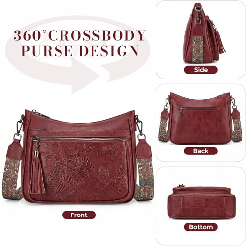 Crossbody Bags for Women, Vegan Leather Medium Crossbody Purse, Spacious Daily Travel Shoulder Bag with Boho Strap - color: Red
