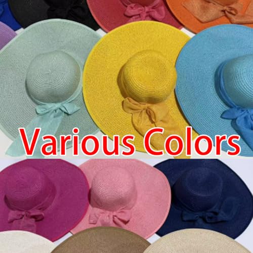 Women’s Straw Sun Hat Wide Brim Packable - Boho Beach Hat for Summer Vacation, Poolside Relaxation and Tropical Travel - color: Light Yellow