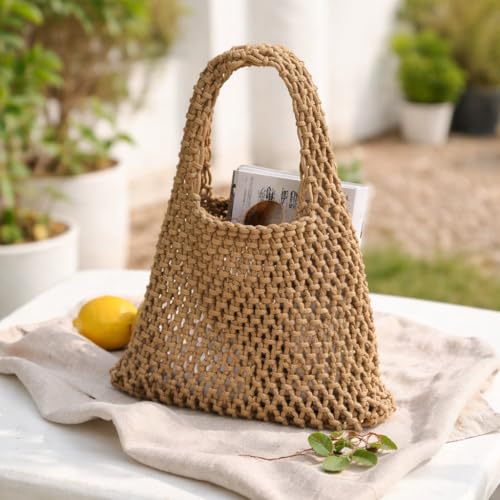 Handmade Cotton Rope Tote Bag – Hollow Weave Beach Bucket Bag with Wrist Strap, Ideal for Vacation and Resort Use